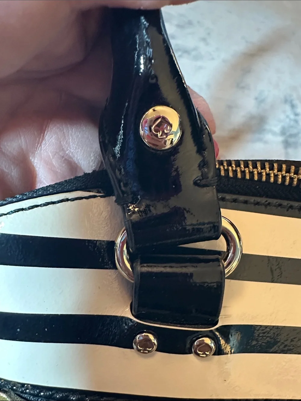 EUC kate ♠️ spade Black & White Striped Patent Satchel w/Matching Wallet ♠️